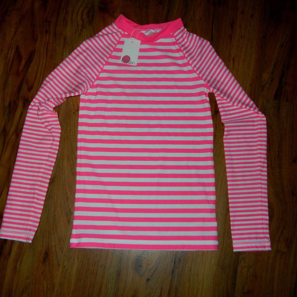 NEW Mini Boden Bright Pink White stripe Rash Guard 11-12Y